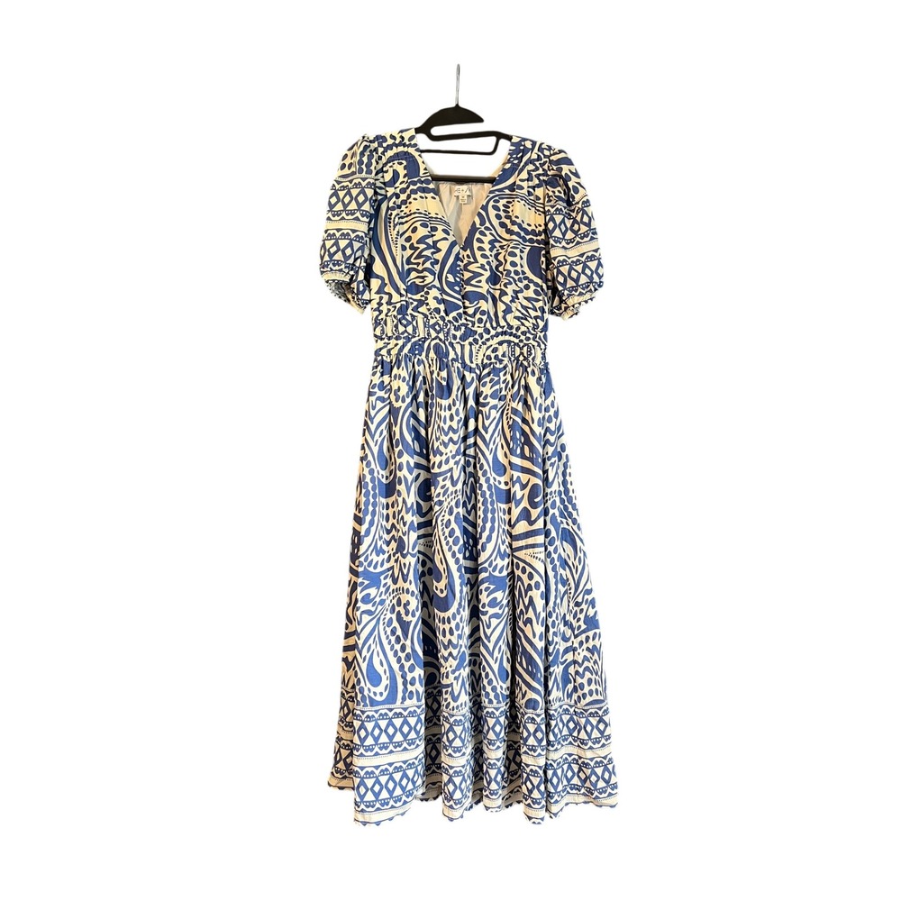 She + Sky Blue White Paisley Smocked Waist Puff Sleeve Midi Dress Womens Medium